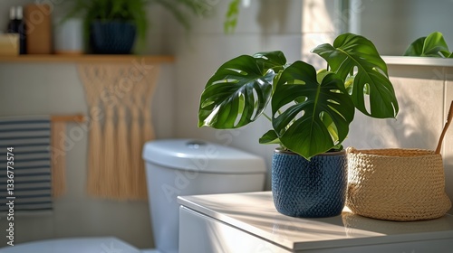 Monstera Plant in a Modern Bathroom With Natural Light and Minimalist Decor