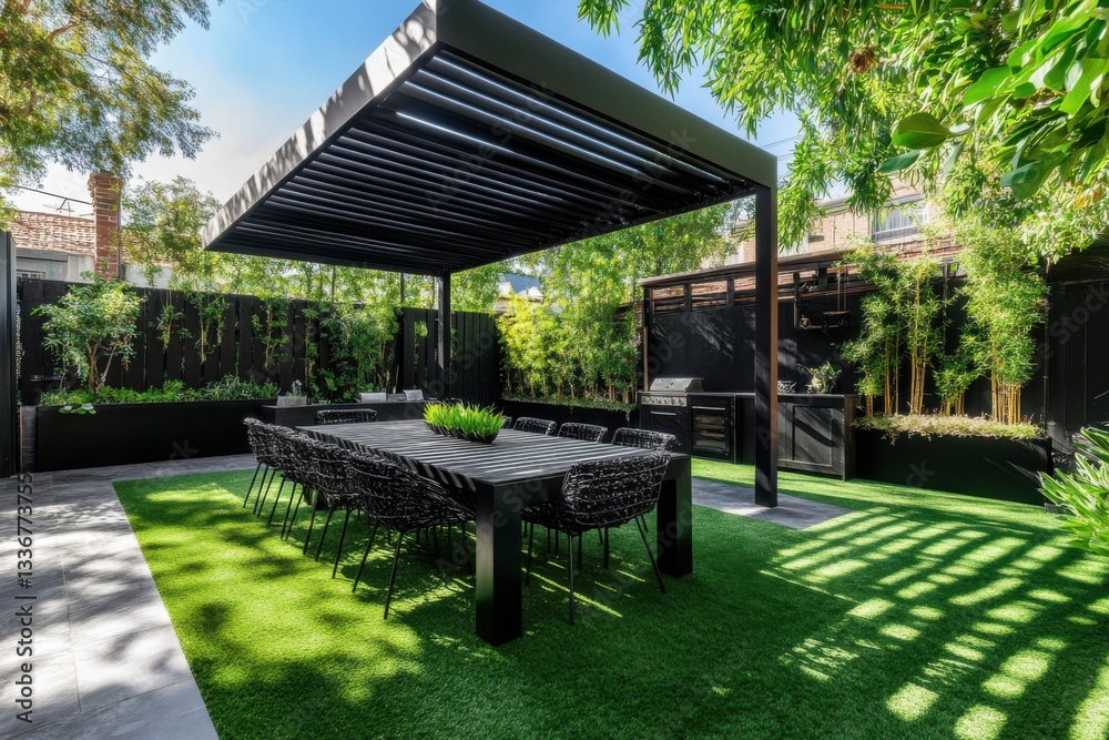 Stylish outdoor dining area featuring a modern pergola surrounded by lush greenery and artificial grass in an urban garden setting Stylish outdoor dining area featuring a modern pergola surrounded by lush greenery and artificial grass in an urban garden setting