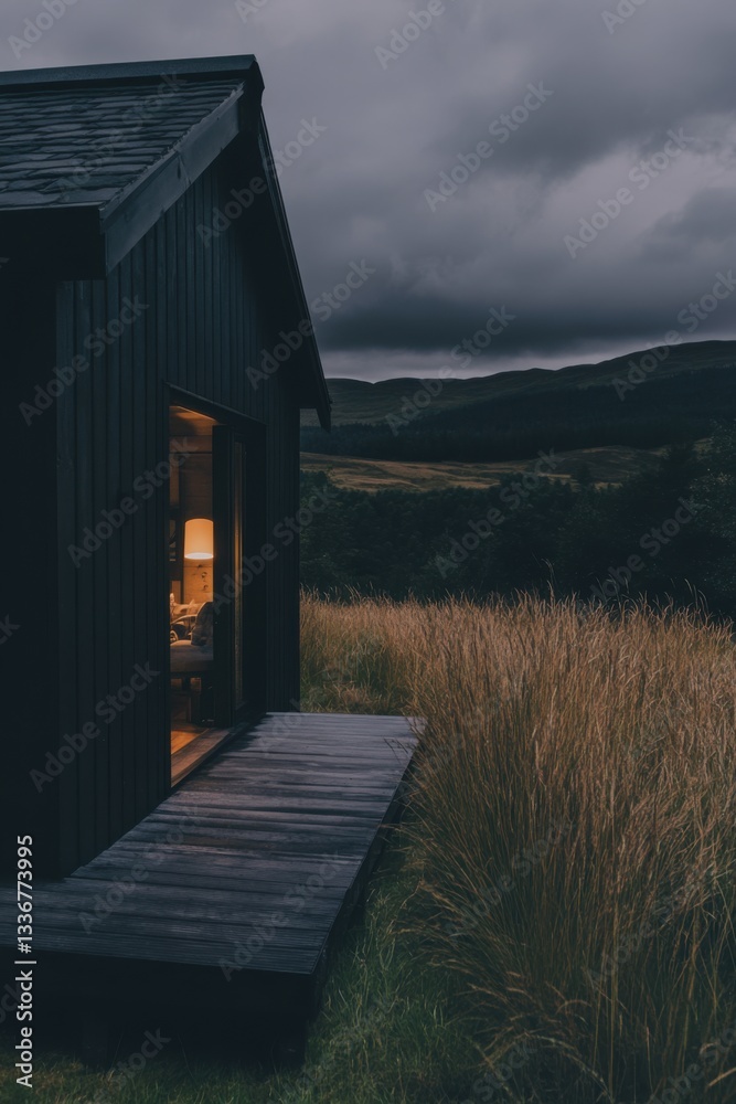 Fototapeta premium A charming cabin radiates warmth amidst the soft twilight, nestled within tall grasses and framed by majestic mountains beneath a stunning evening sky