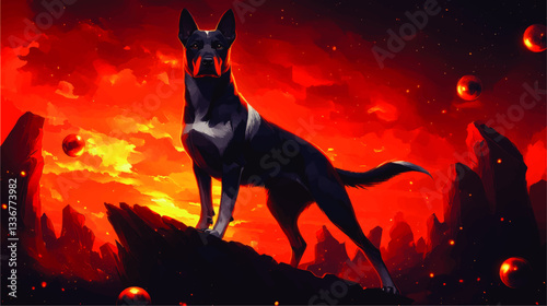 Majestic Black Dog Standing Against Fiery Red Sunset with Futuristic Sci-Fi Landscape and Glowing Orbs Amidst Rocky Terrain Vector Art