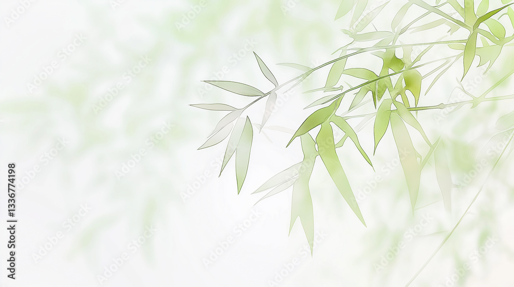 Naklejka premium Bamboo leaves on a light green and white background,