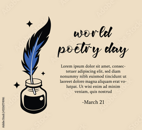 World Poetry Day, celebrated on March 21st, is a global observance that promotes the art of poetry and its cultural impact, Quill pen with ink and feather in a vector illustration