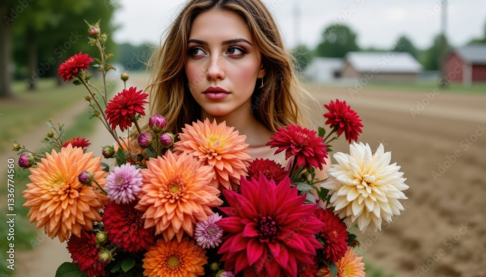 Naklejka premium The woman's serene expression and graceful pose complement the abundance of colorful flowers in her arms, creating a harmonious and visually captivating portrait