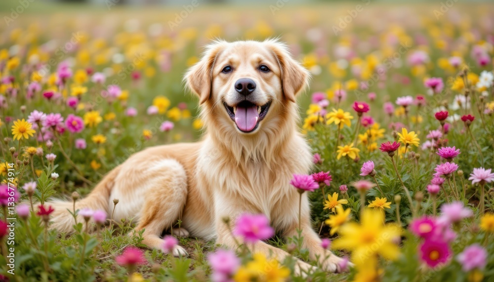 A joyful dog basking in a field of colorful wildflowers, their soft fur blending harmoniously with the vibrant blooms in shades of pink, yellow, and purple. A joyful dog basking in a field of colorful wildflowers, their soft fur blending harmoniously with the vibrant blooms in shades of pink, yellow, and purple.