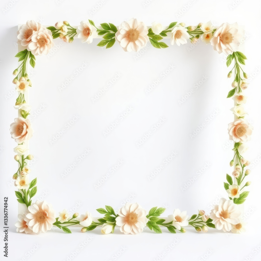 beautiful floral frame adorned with soft peach and white flowers, surrounded by lush green leaves, perfect for showcasing beautiful floral frame adorned with soft peach and white flowers, surrounded by lush green leaves, perfect for showcasing