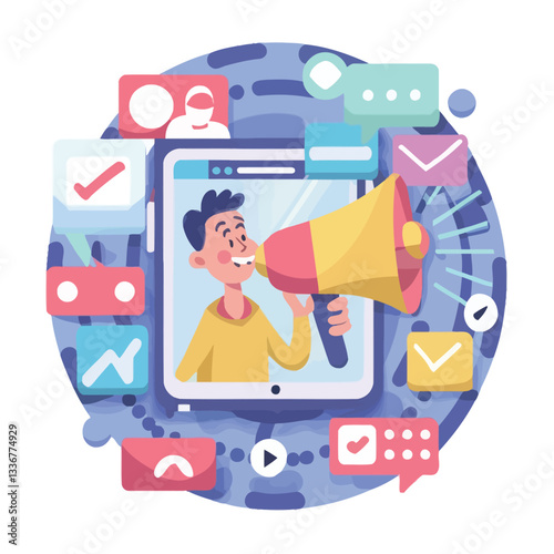 2d vector illustration colorful social media boost , influence blogger E-marketer via Internet pages marketing referral
