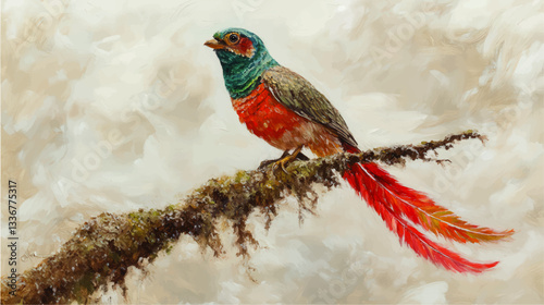 Vivid Quetzal Bird Illustration: Vibrant Red and Green Feathers Perched on Mossy Branch with Soft Background - Stunning Vector Art and Wildlife Depiction