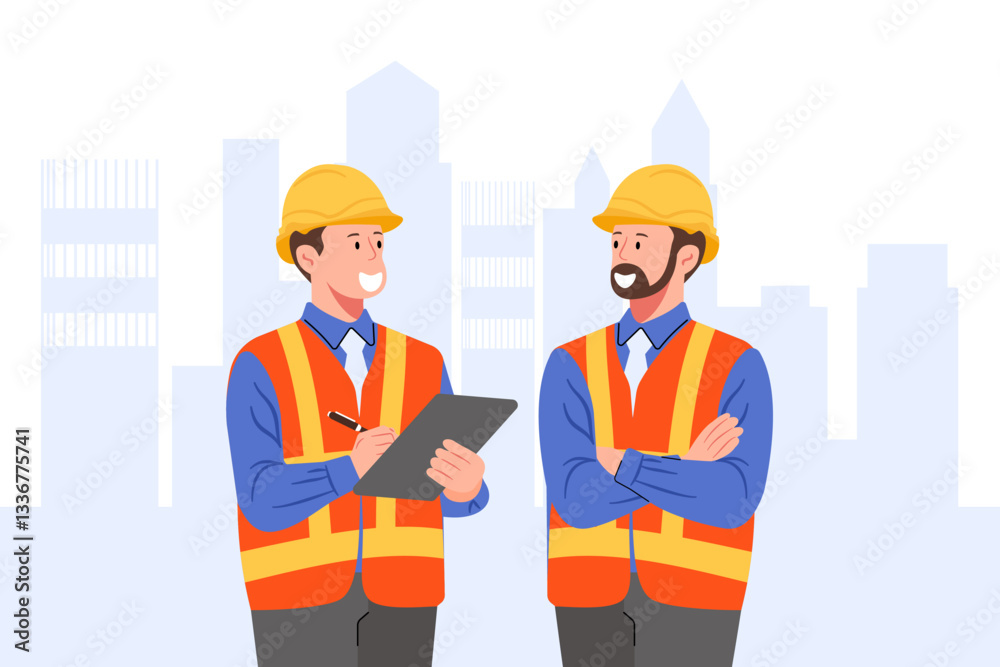 A vector illustration of an industrial engineer, a construction worker, wearing a safety helmet, standing in a construction area, inspecting work. A vector illustration of an industrial engineer, a construction worker, wearing a safety helmet, standing in a construction area, inspecting work.