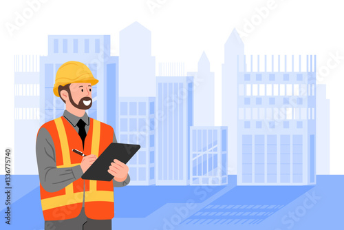 A vector illustration of an industrial engineer holding a clipboard, inspecting work on a construction site, depicting a worker's routine.