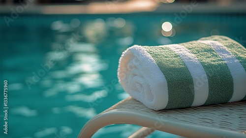 Soft White Towel With Green Stripes Placed on a Lounge Chair Beside a Shimmer...