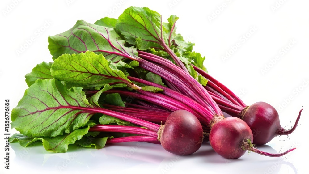 Fresh beetroot with green leaves and stems isolated on a white background, showcasing its vibrant color and texture, healthy food, garden fresh Fresh beetroot with green leaves and stems isolated on a white background, showcasing its vibrant color and texture, healthy food, garden fresh