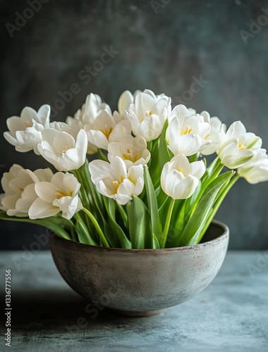 White Tulips and Star-Shaped Flowers Arranged Elegantly in a Dark Bowl on a T...