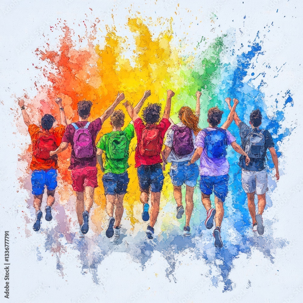 Naklejka premium Joyful Multicultural Group Laughing Together in Vibrant Watercolor Style