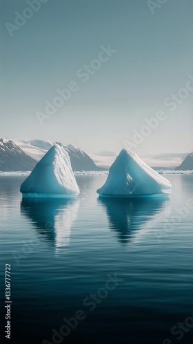 Majestic Icebergs Reflect on Calm Waters in a Serene Landscape at Dawn