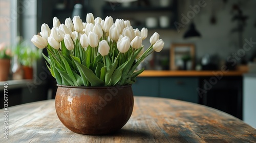 Beautiful White Tulip Arrangement in Rustic Vase on Wooden Table With Bright ...