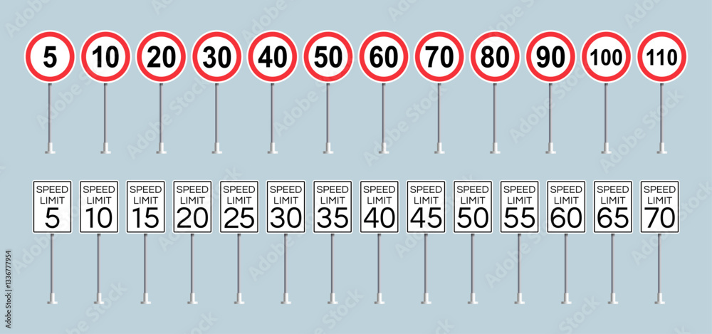 speed limit traffic signs set mph and kmh united states and international  vector illustration 