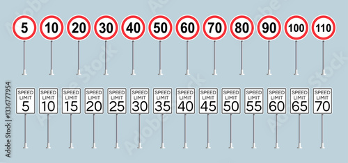 speed limit traffic signs set mph and kmh united states and international  vector illustration 