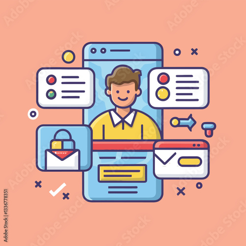 2d vector illustration colorful social media boost , influence blogger E-marketer via Internet pages marketing referral
