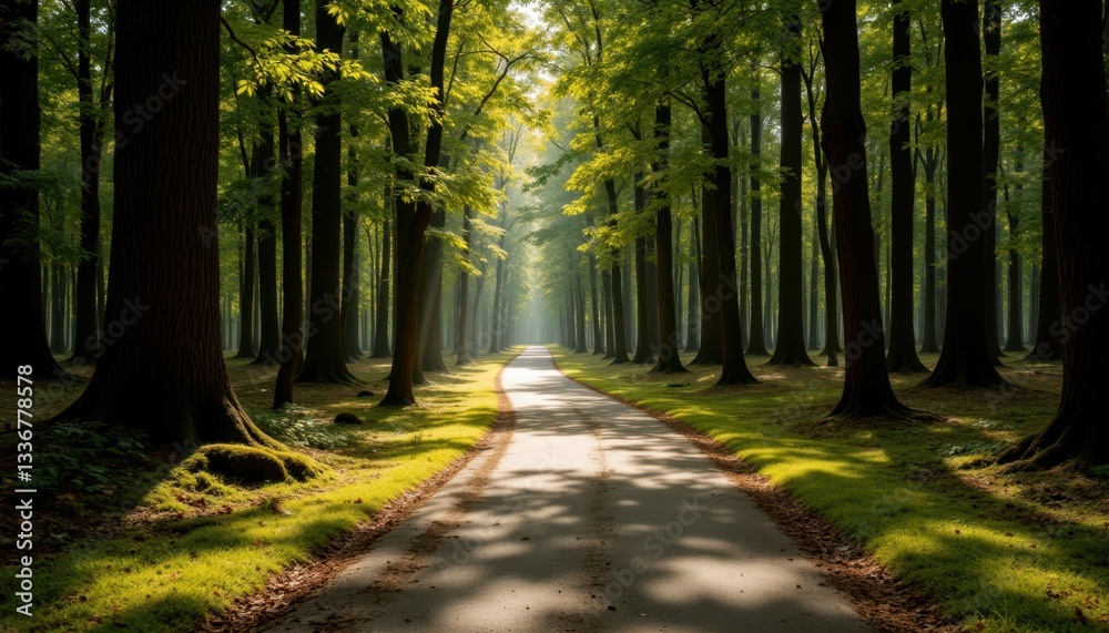 Fototapeta premium The narrow, winding road cuts through a dense forest, with towering trees forming a canopy overhead and a carpet of vibrant green moss covering the forest floor