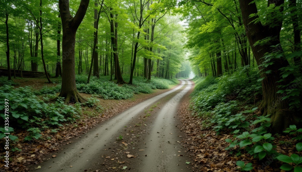 Fototapeta premium As you drive along the secluded road surrounded by lush greenery, the sounds of nature envelop you the chirping of birds, the rustle of leaves in the breeze