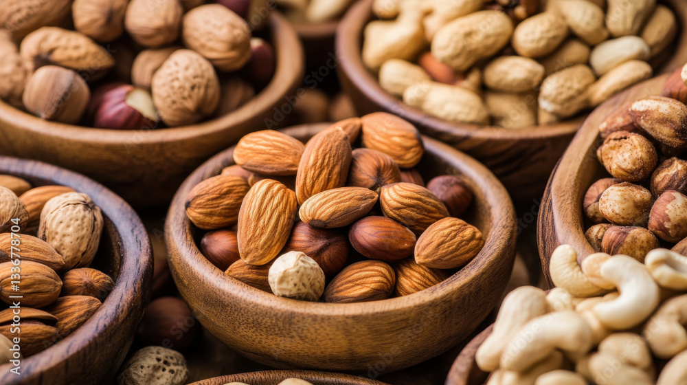 assortment of various nuts beautifully arranged in wooden bowls, showcasing almonds, cashews, hazelnuts, and peanuts in rustic and natural setting assortment of various nuts beautifully arranged in wooden bowls, showcasing almonds, cashews, hazelnuts, and peanuts in rustic and natural setting