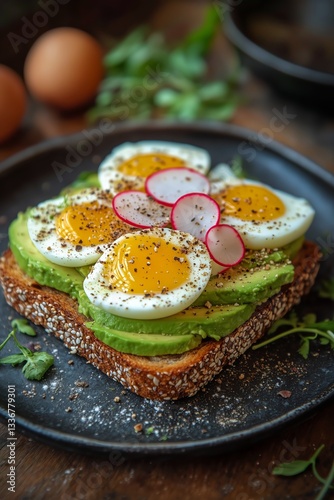 Delicious Avocado Toast Topped With Sunny Side up Eggs and Fresh Radishes for...