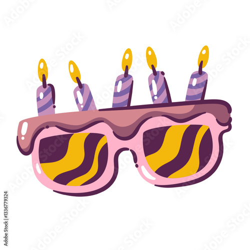 Birthday party glasses with wavy psychedelic pattern and burning candles. Funny sunglasses with crazy hippy vibes. Carnival fashion eyeglasses mascot, glasses cartoon vector illustration