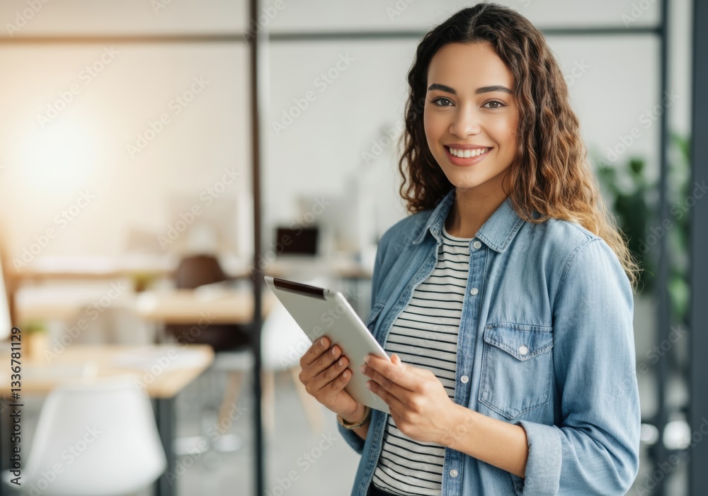 Obraz premium Smiling woman holding a tablet in a modern office environment