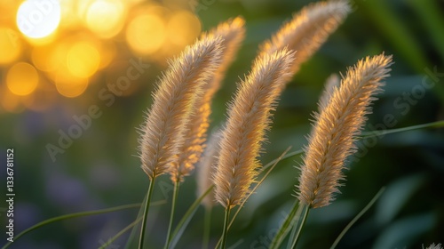 Soft Golden Sunlight Illuminates Feathery Grass During Sunset in a Serene Field