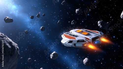 Fototapeta Naklejka Na Ścianę i Meble -  A futuristic spaceship navigates through a field of asteroids in deep space, showcasing advanced technology and the vastness of the universe.