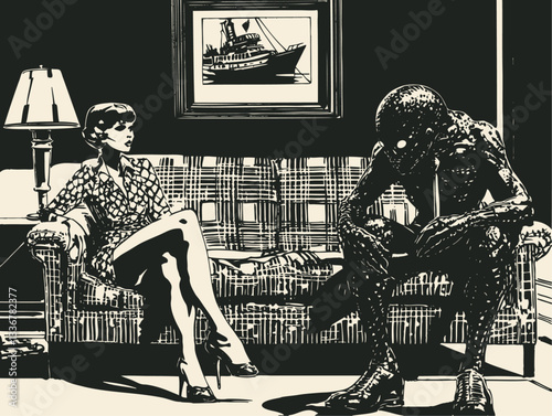 Vector illustration in noir style depicting a woman in polka dot dress sitting on a couch facing an alien monster. High-contrast black and white artwork with retro living room setting.