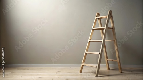 Detailed wooden stepladder standing on a flat surface with a neutral gray or beige background, showcasing its sturdy and robust structure , rustic, interior design