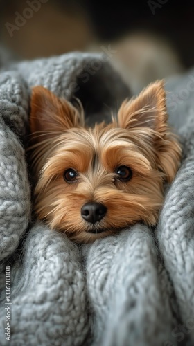 Yorkshire Terrier Relaxes Comfortably Wrapped in a Soft, Textured Blanket on ...