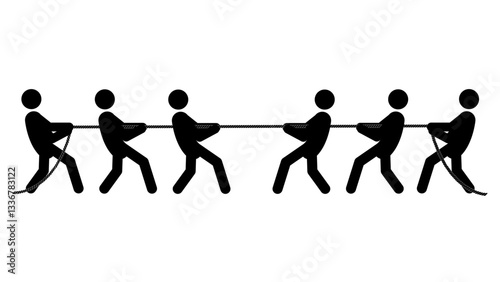 Set of stick figures tug of war on a white background. Flat style, vector illustration.