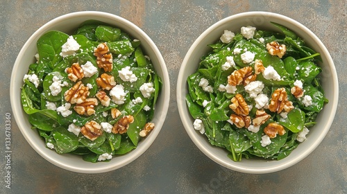 Fresh Spinach Salad With Walnuts and Feta Served in White Bowls on a Textured...