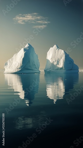 Majestic Icebergs Reflect on Calm Waters in a Serene Landscape at Dawn