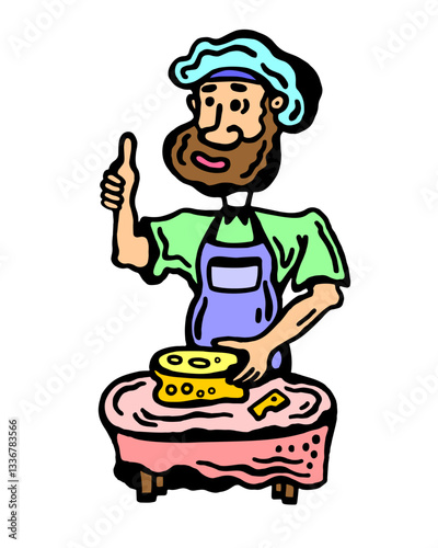 Color vector image of cheesemaker approving his own products on a white isolated background