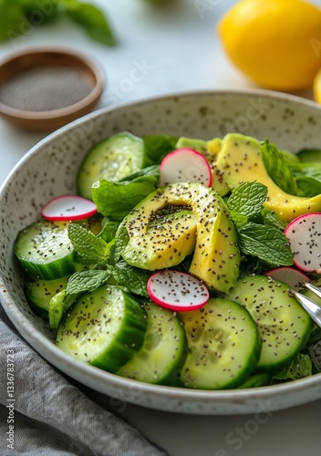Refreshing Green Salad With Cucumber, Radish, and Mint on a Rustic Table Setting