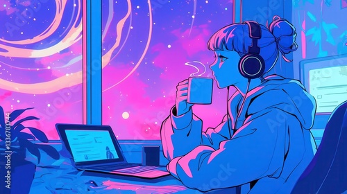 Fototapeta Naklejka Na Ścianę i Meble -  Cozy Retro Anime Escape, a serene scene featuring a woman enjoying coffee by a spaceship viewport, pastel galaxies glowing softly, immersed in nostalgic music with bold pop-art flair.