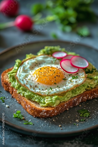 Delicious Avocado Toast Topped With Sunny Side up Eggs and Fresh Radishes for...