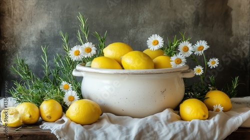 Refreshing Lemon Drink With Sliced Lemons and Fresh Flowers on a Light Fabric...