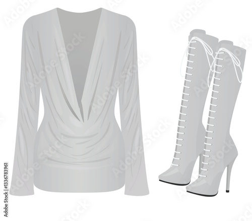 Grey deep v neck dress and boots. vector illustration