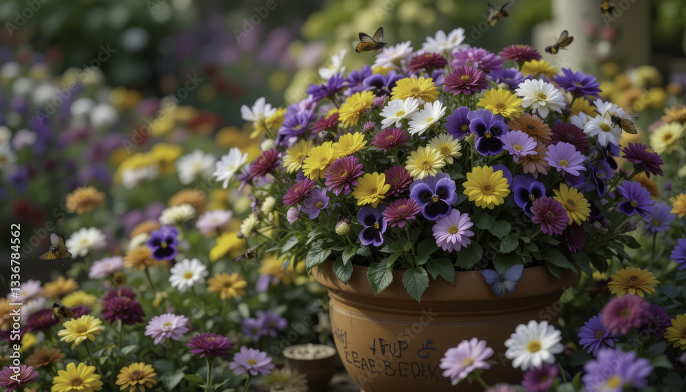 Obraz premium vibrant garden scene with terracotta pot filled with colorful daisies and pansies, surrounded by butterflies and lush greenery, creating lively and cheerful atmosphere