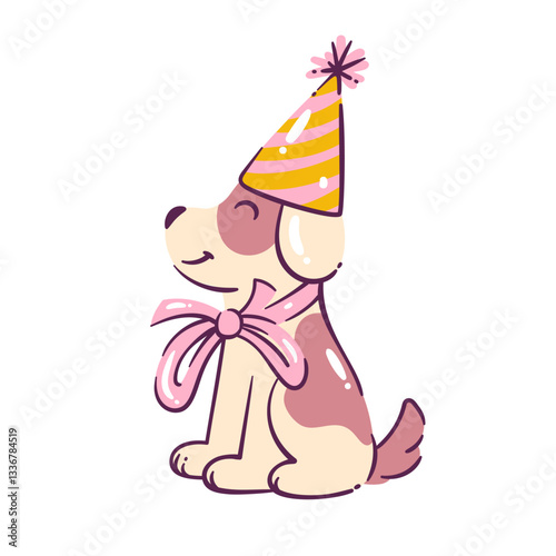 Cute cartoon dog with ribbon bow and birthday hat. Funny puppy sitting with bday decoration. Birthday fun party, celebration with pet mascot, small animal greeting cartoon vector illustration