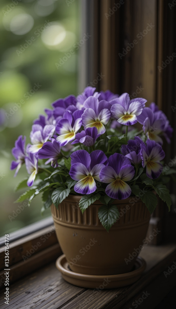 Obraz premium vibrant pot of purple and white pansies sits on wooden windowsill, basking in soft natural light. lush green leaves complement delicate petals, creating serene and inviting atmosphere