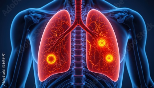 3D Medical Illustration of Lungs with highlighted lesions