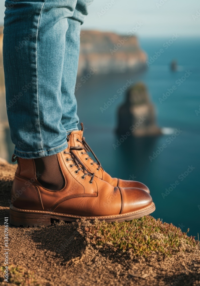 Stylish brown boots on a cliff overlooking a scenic ocean view Stylish brown boots on a cliff overlooking a scenic ocean view