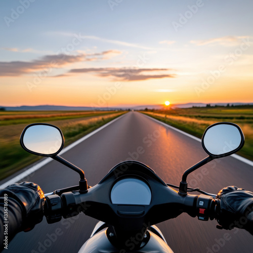 biker view on open road at sunset, capturing freedom and adventure