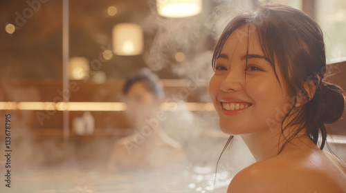 Young Asian woman smiling in a steamy wooden sauna.