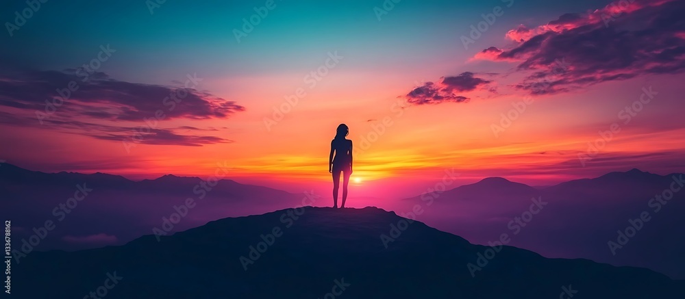 Silhouette woman sunrise mountain peak